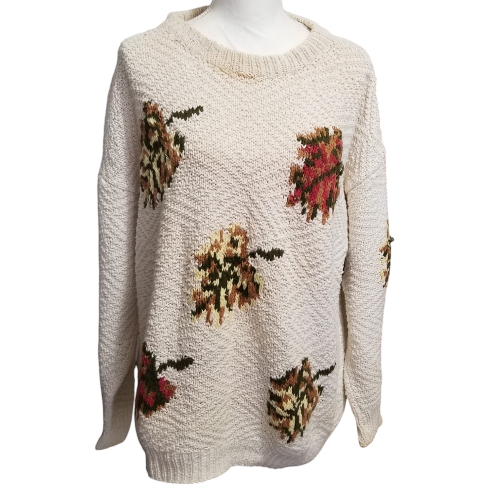 Vintage New River For F. Riggings Cozy Hand Knitted Cream and Leaf Sweater